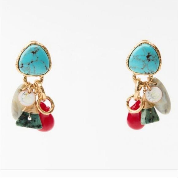 New ZARA  Gold and Turquoise Stone Dangle Charm Earrings - Picture 4 of 11